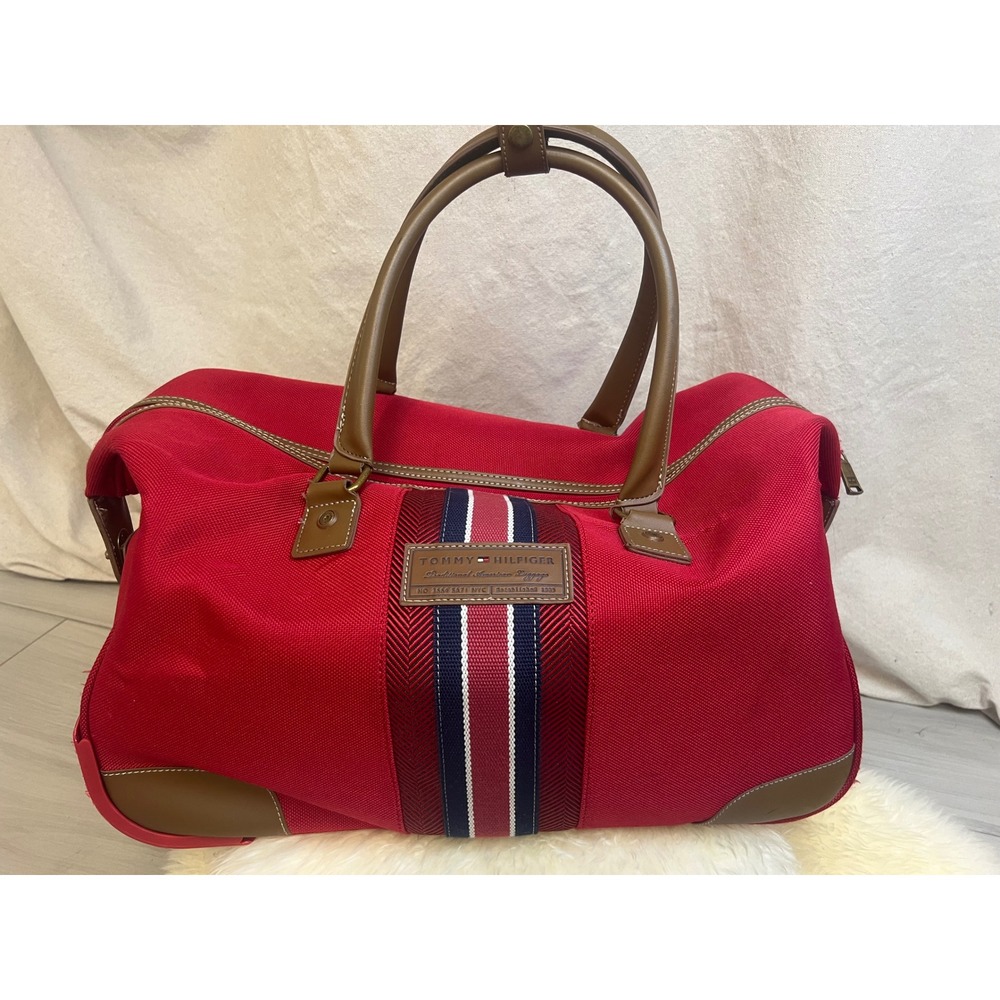 Tommy Hilfiger Rolling Duffel Red Canvas Logo Stripe Wheeled Travel Bag Nautical